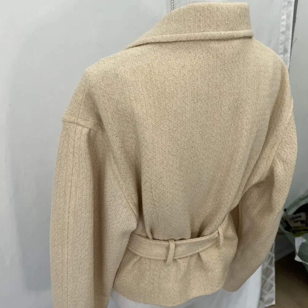 & Other Stories Jacket Womens 2 Beige Wool Herringbone Belted‎ Short LA Atelier